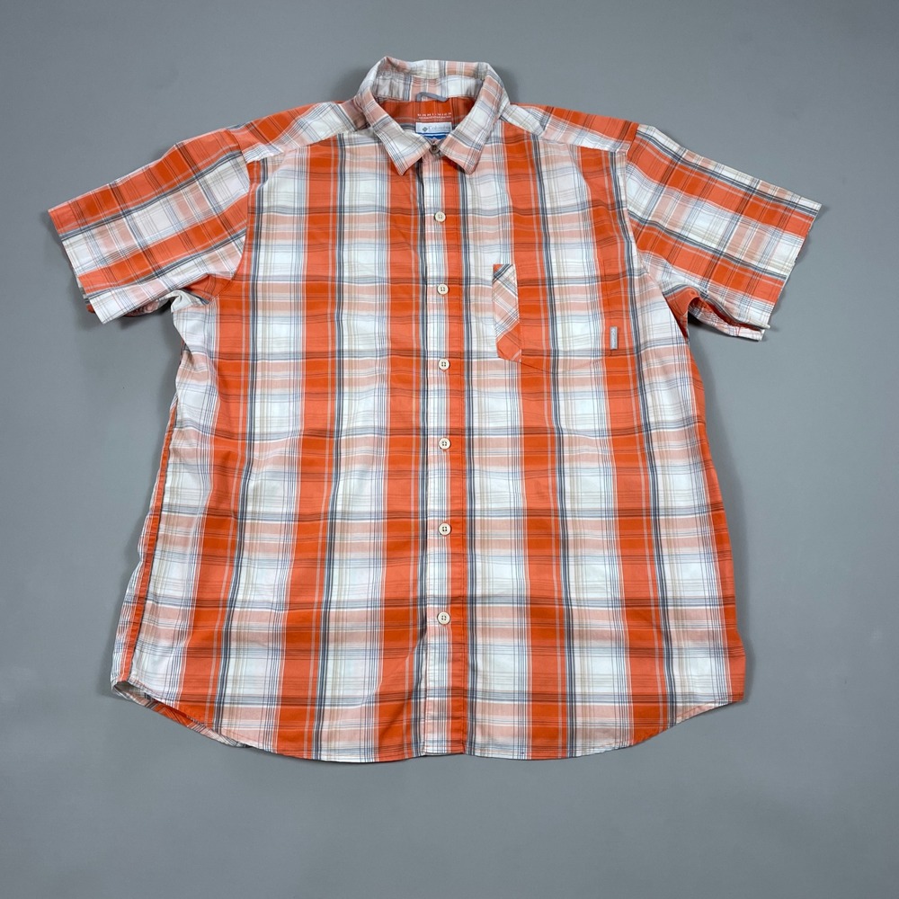 Columbia Omni-Wick Mens XL Orange Plaid Short Sleeve Button Down Shirt Outdoor